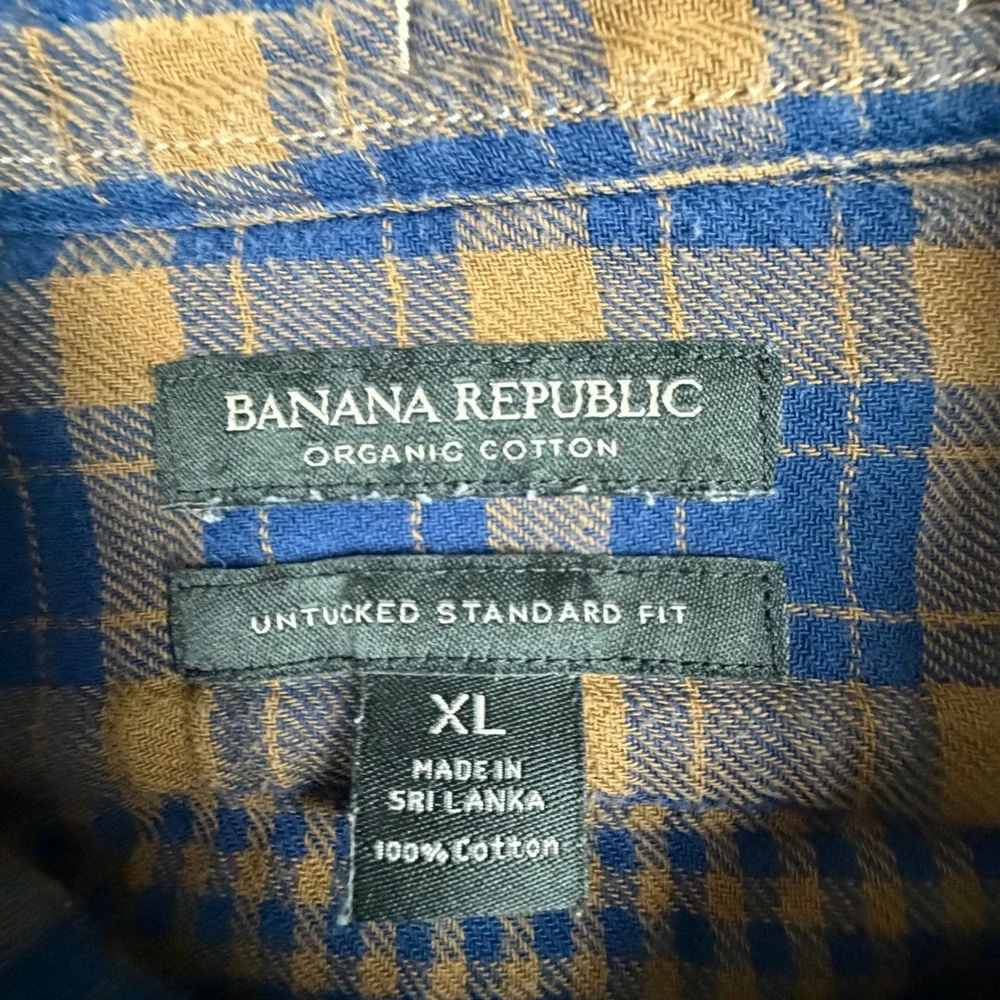 Banana Republic Mens XL Blue Brown Plaid Organic Cotton Untucked Standard Fit